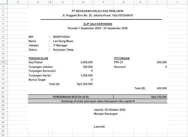 Contoh slip gaji yang dibuat menggunakan Microsoft Excel
