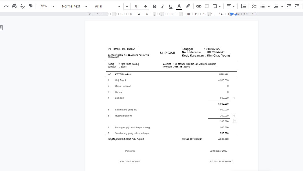 Contoh slip gaji yang dibuat menggunakan Microsoft Word